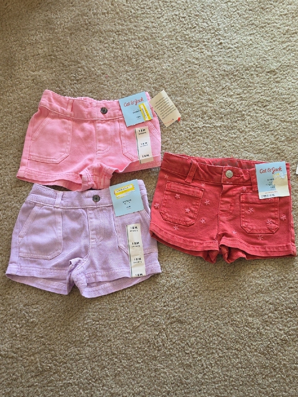 Cat & Jack Lavender, Pink, And Red Star Denim Toddler Shorts Bundle Size 18M